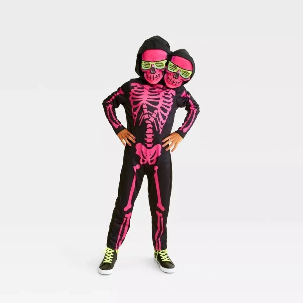 NEW Stuffable Two-Headed Skeleton Halloween Costume Boy Girl Medium Black Pink